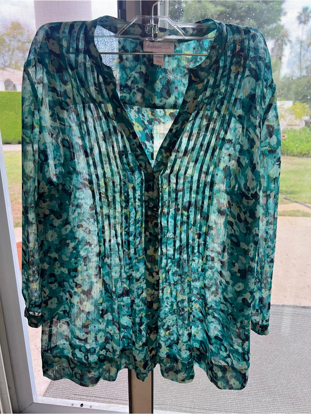 Charter Club Women’s Small Sheer Pintuck Blouse Blue Aqua Print
Item Specifics